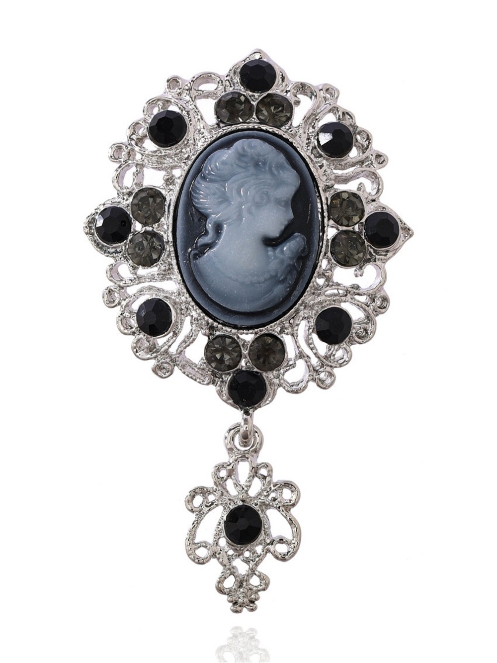 Vintage Style Black Cameo Brooch Pin – Victorian Lady Portrait Rhinestone